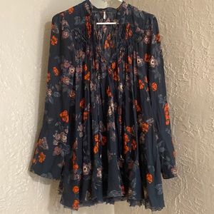 FREE PEOPLE Dusty Blue/Orange-Long Sleeve Boho Hippie Swing Tunic Blouse-SP